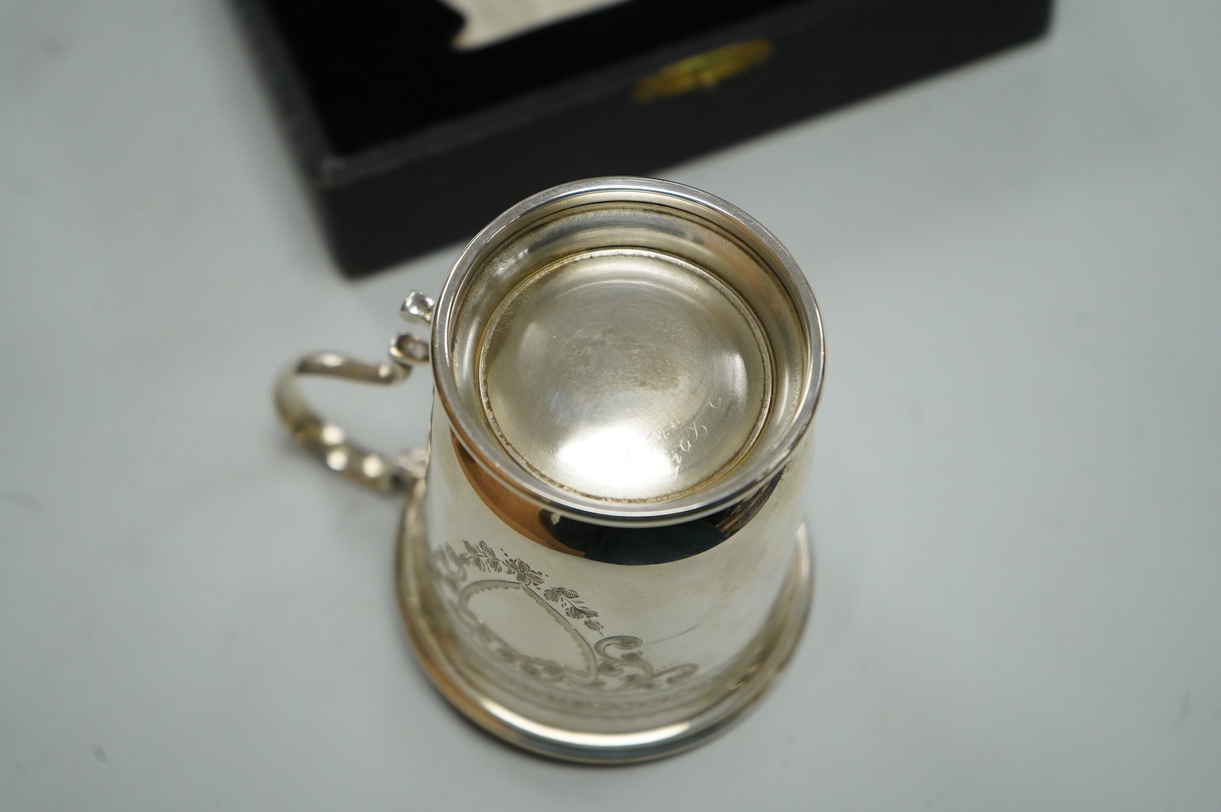A George VI engraved silver christening mug, by Robert Pringle & Sons, London, 1936, 82mm, 2.8oz, in fitted case.